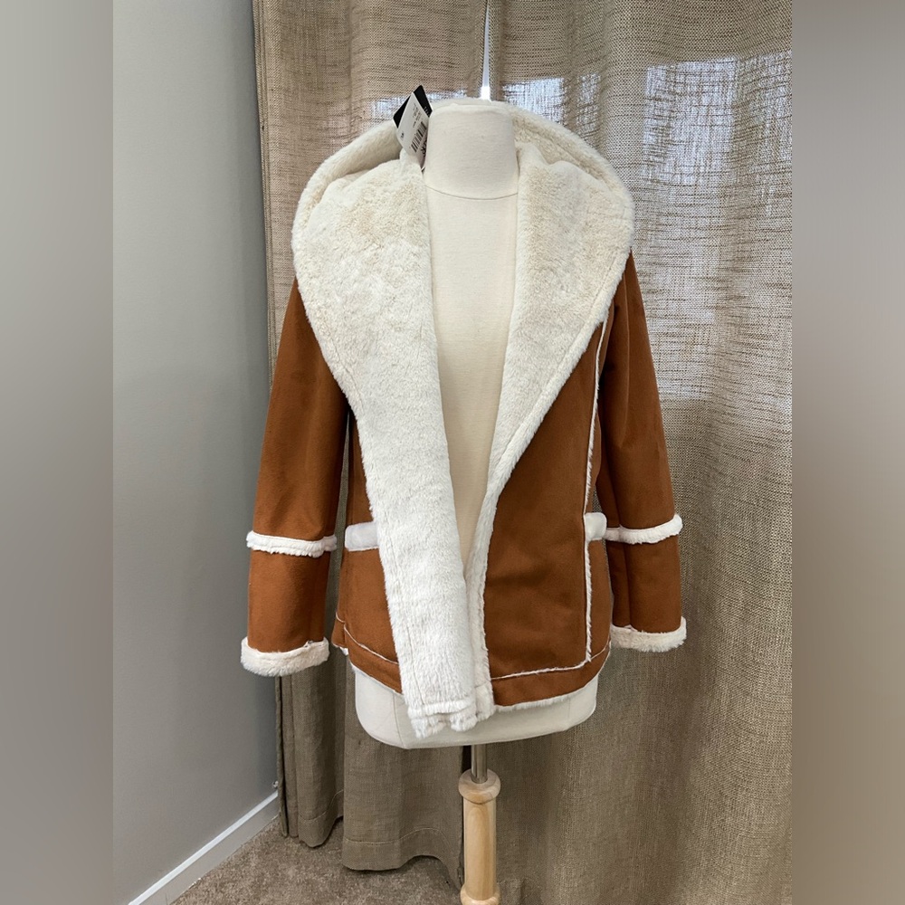 CHASER NEW Women's Whisky Brown and White Faux Shearling Jacket Size S Vegan - Picture 4 of 11